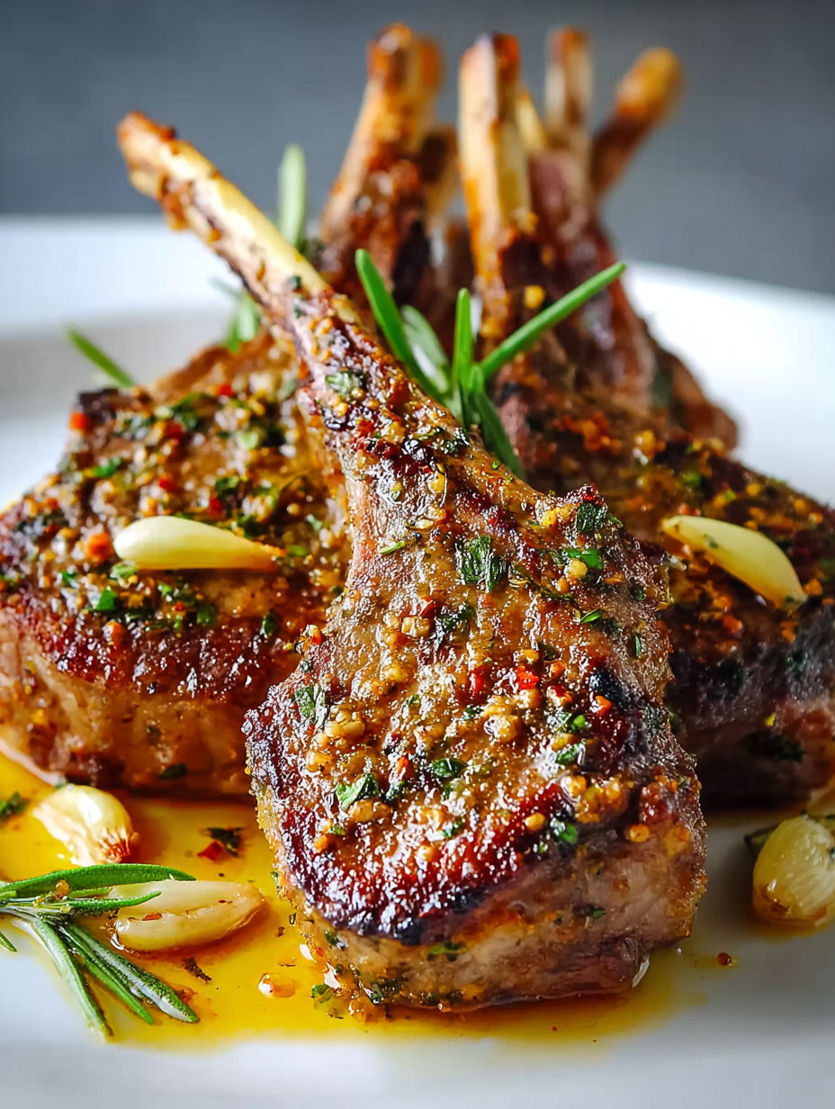 Lamb chops with spices on a white plate.