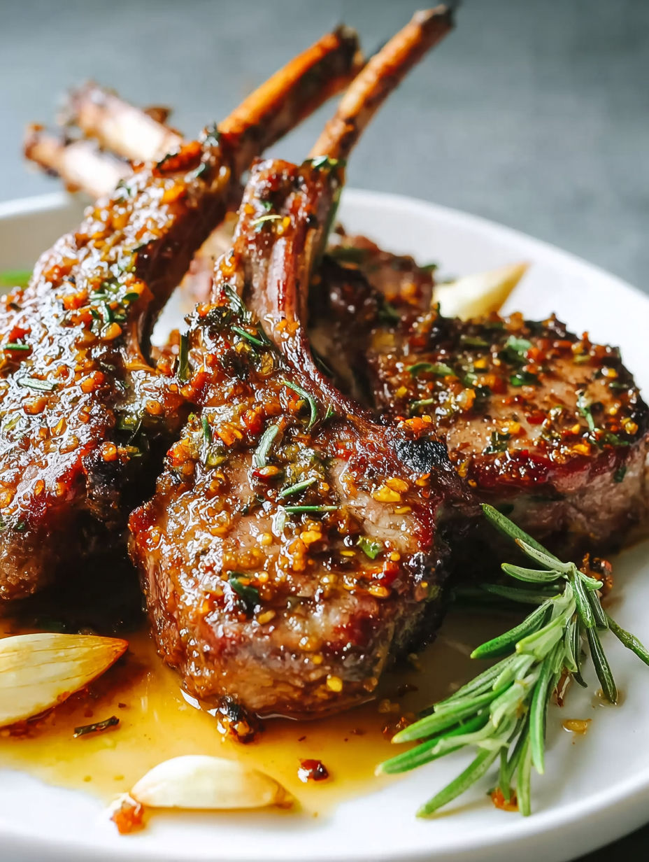 Lamb chops with a sauce on a white plate.