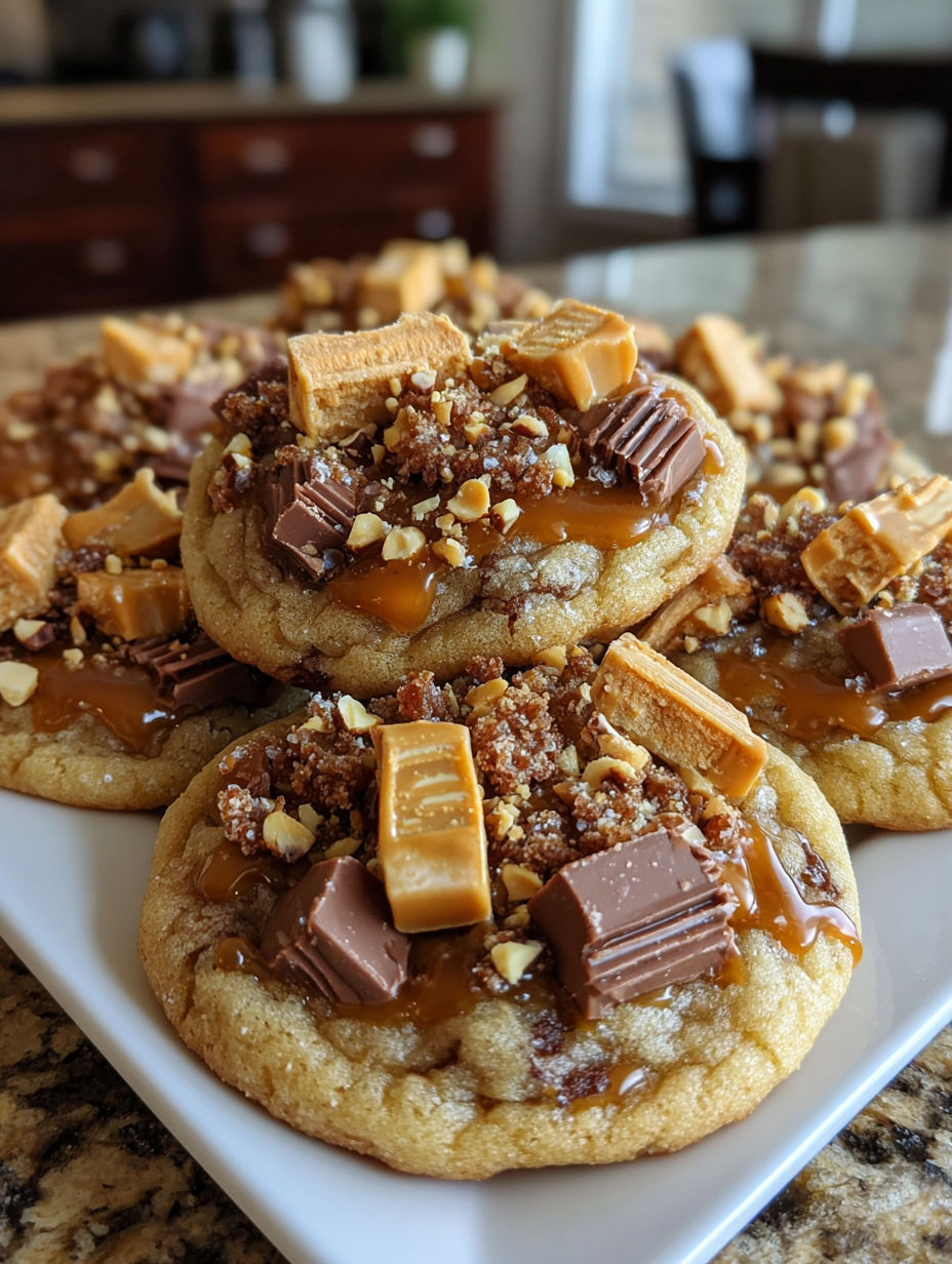 A plate of cookies with caramel and nuts.