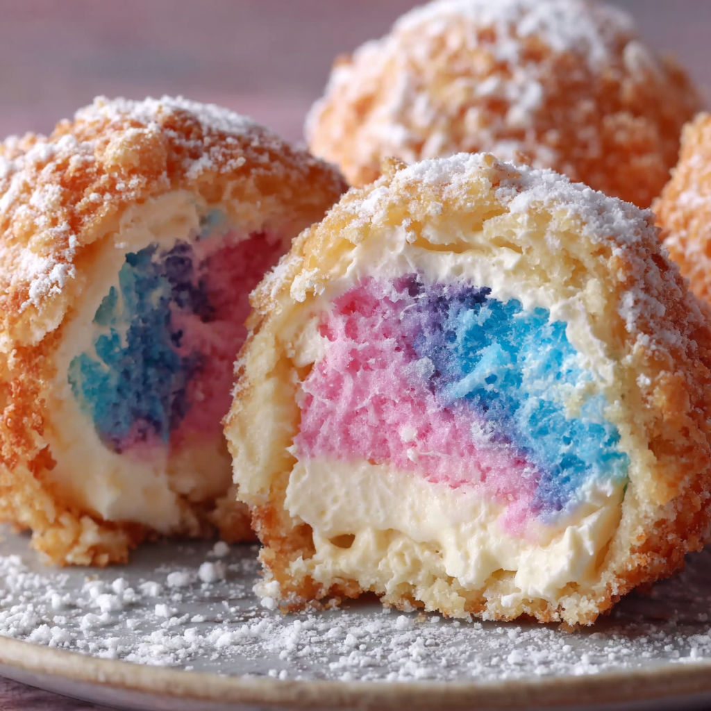 A plate of colorful cotton candy cheesecake bombs.