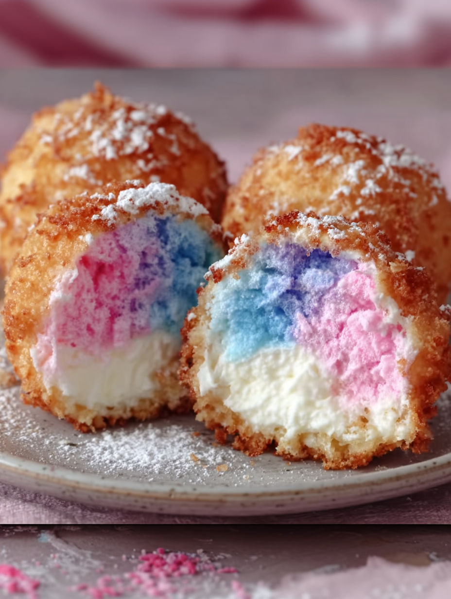 A plate of colorful cotton candy cheesecake bombs.