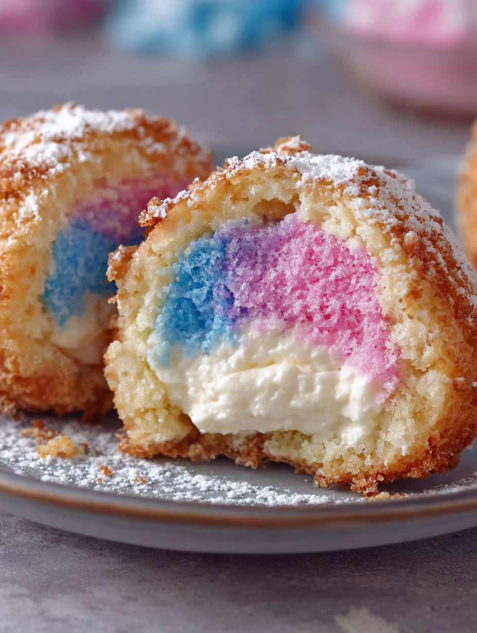 A plate of colorful cotton candy cheesecake bombs.