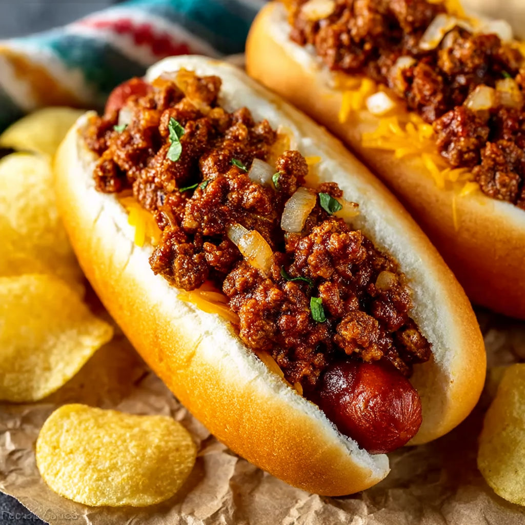Two hot dogs with chili on them.