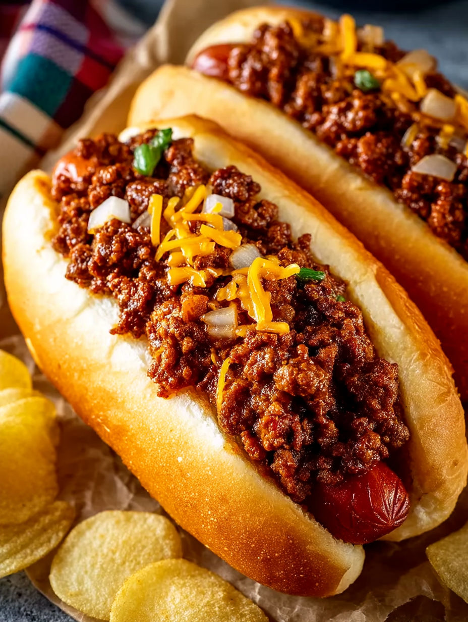 A chili cheese dog with onions and a hot dog bun.
