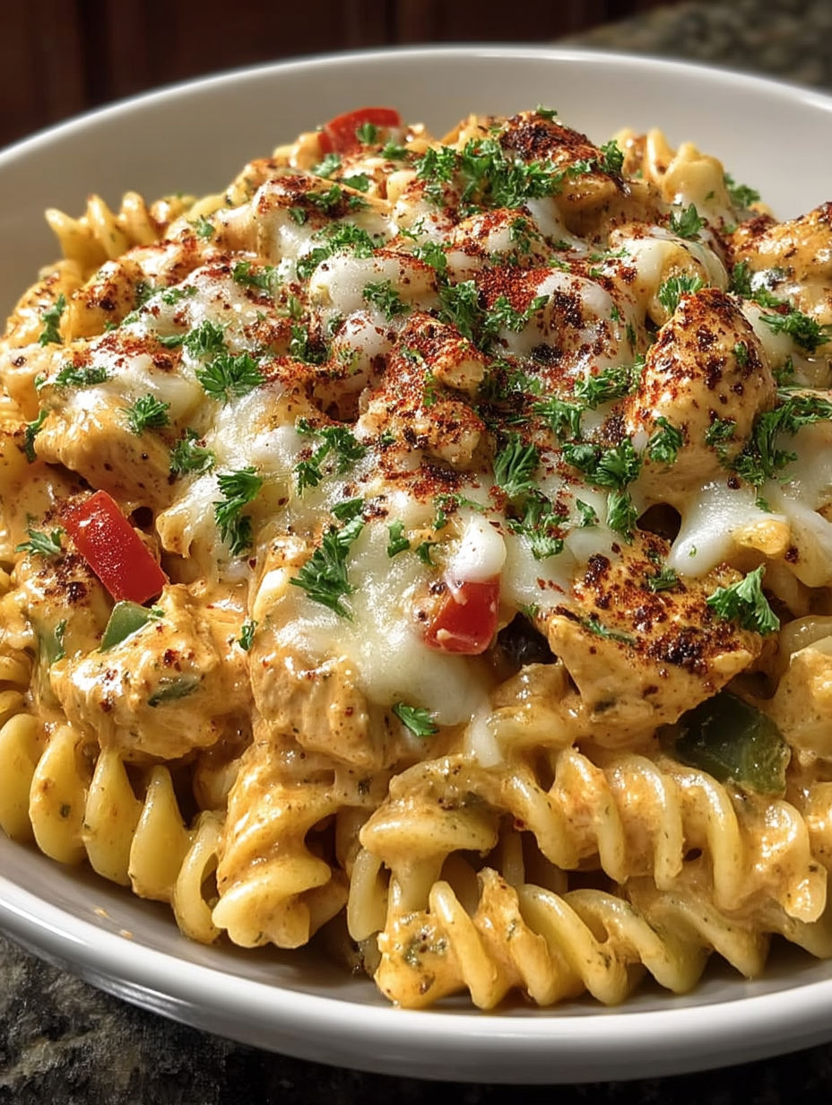A bowl of pasta with chicken and cheese.