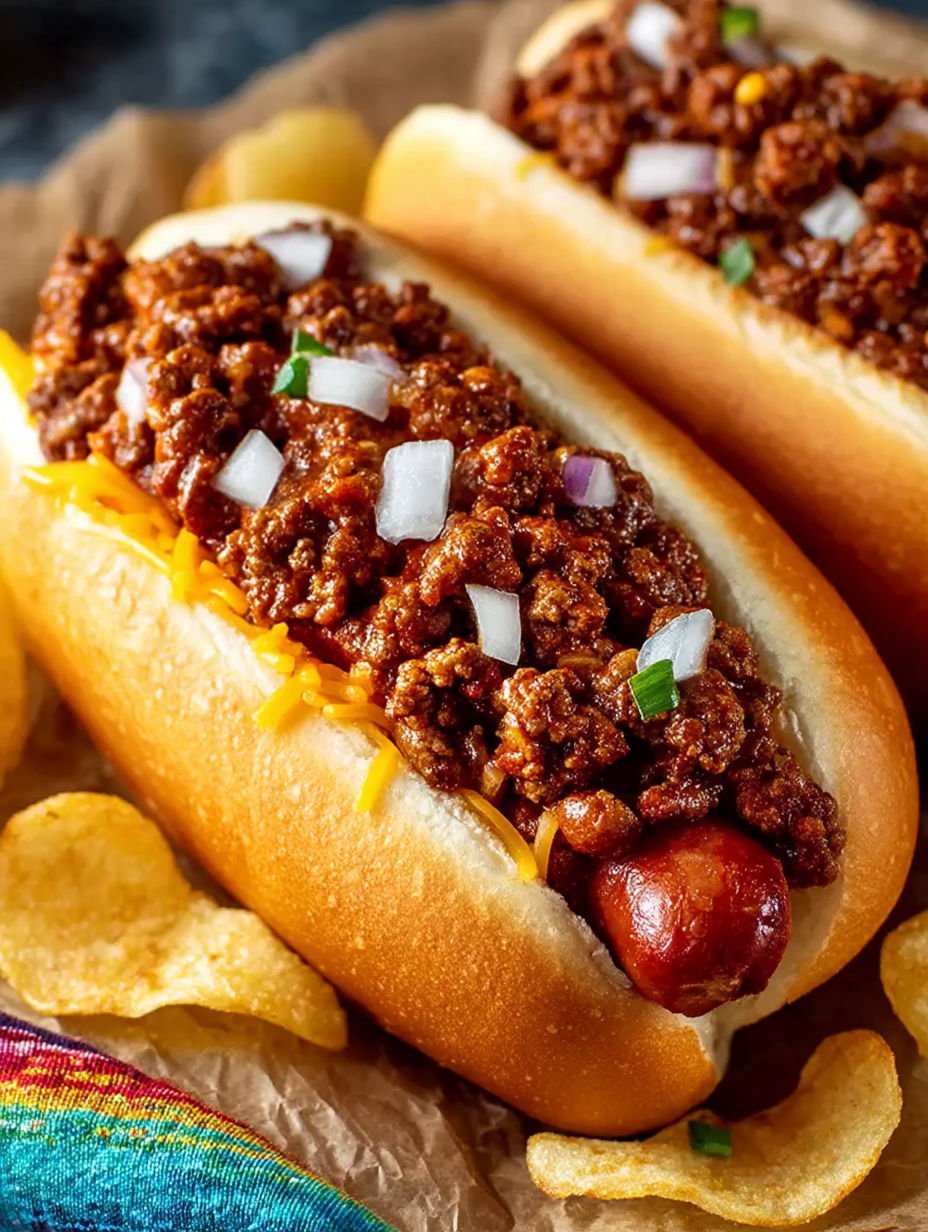 A chili dog with onions and mustard.