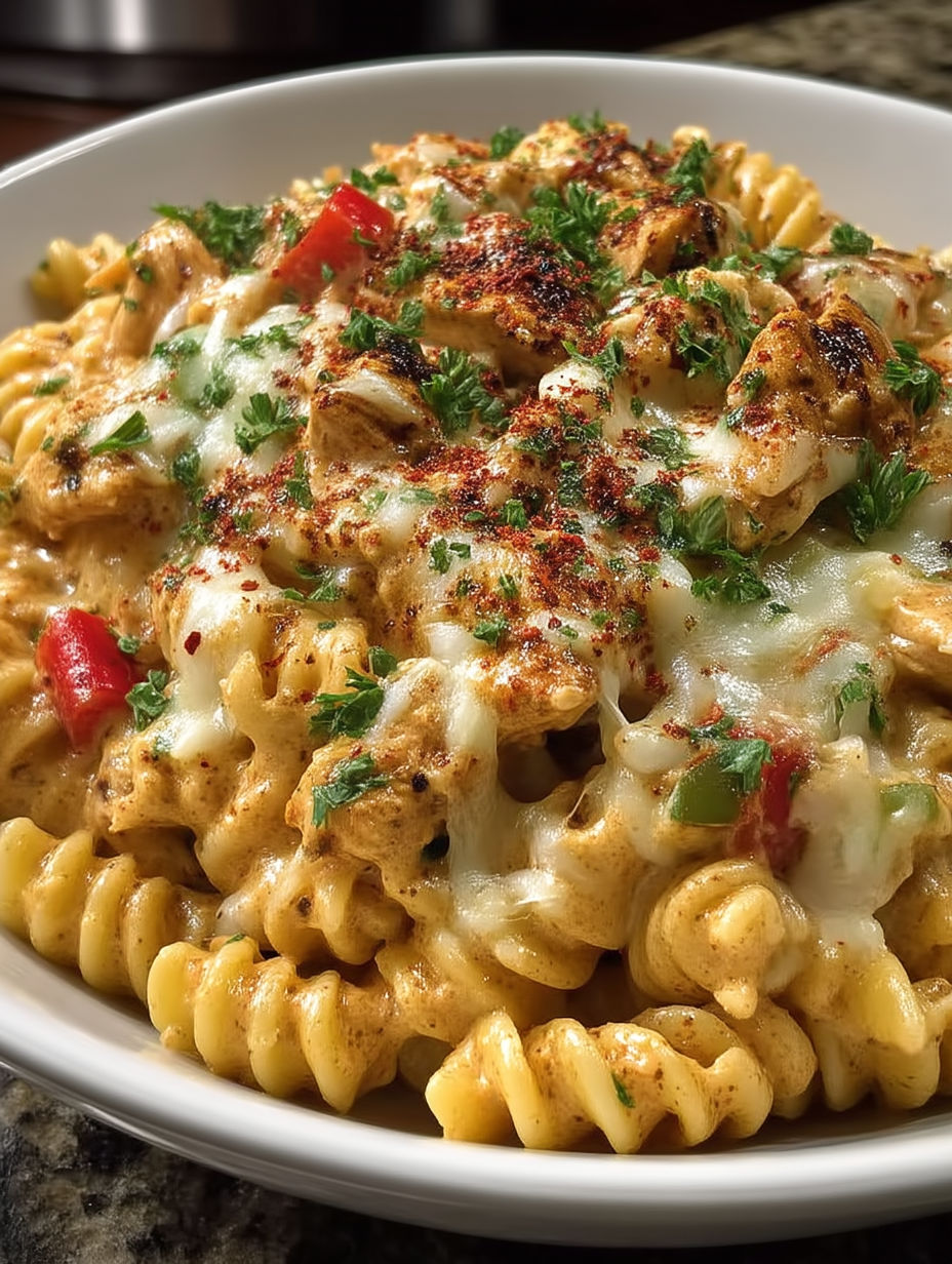 A bowl of cheesy rotel chicken pasta.