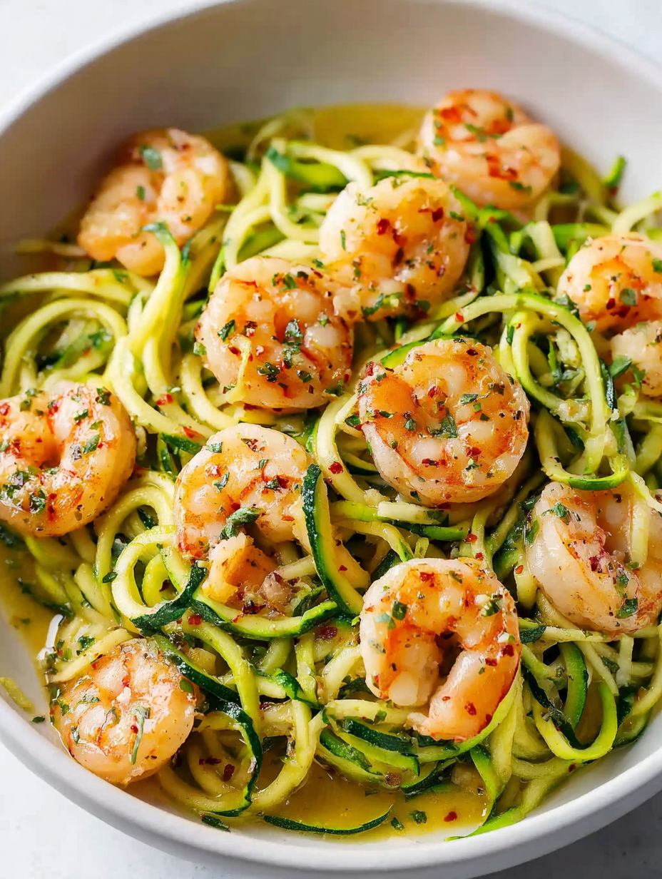 A bowl of shrimp and zucchini noodles.