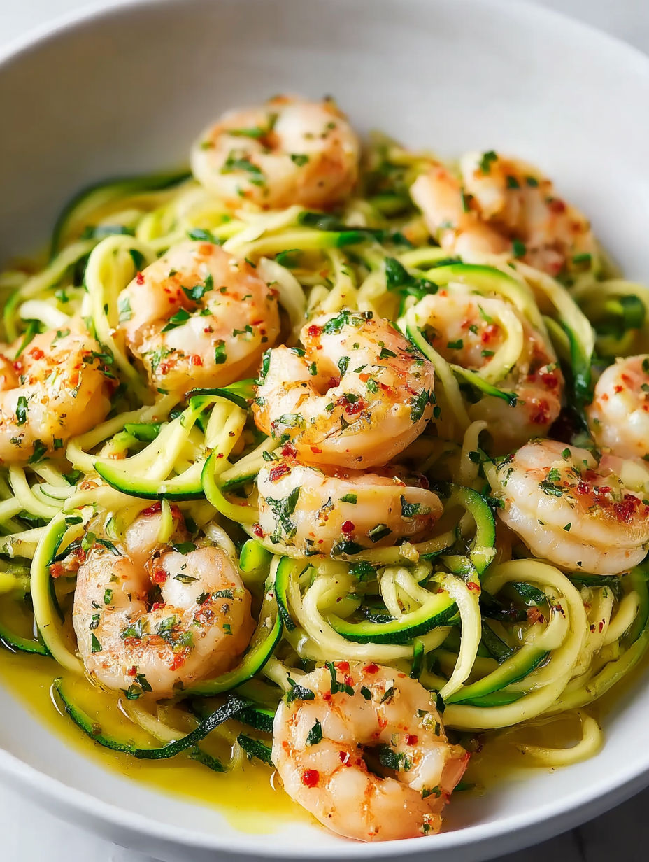 A bowl of shrimp and zucchini noodles.