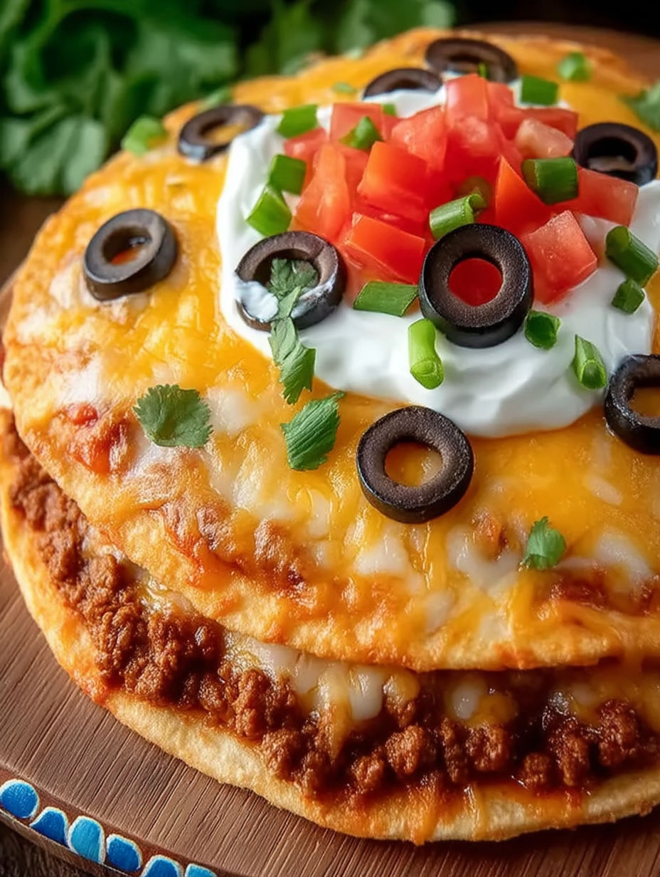 A slice of Taco Bell Mexican Pizza with black olives and tomatoes.