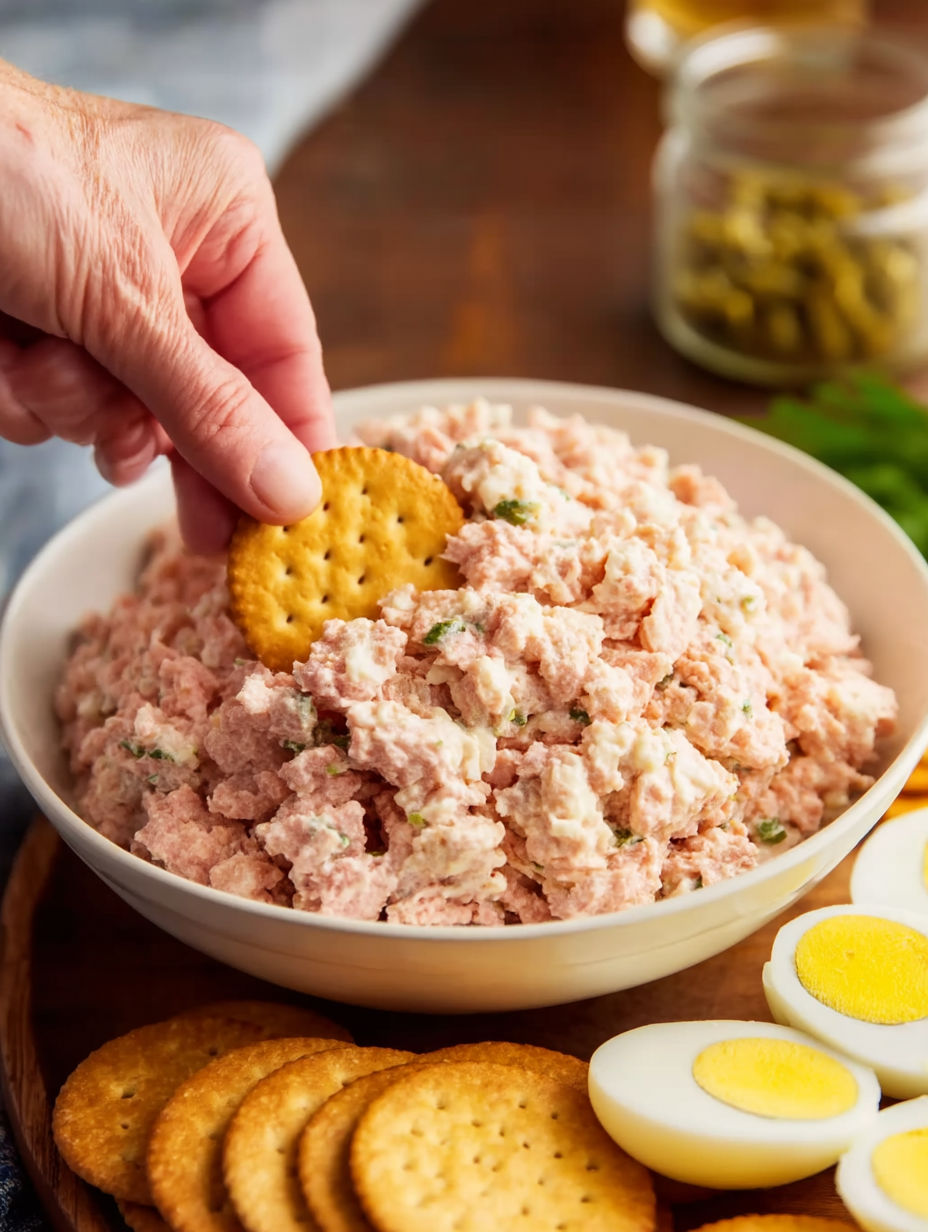 A hand picking up a cracker from a bowl of old-fashioned bologna salad.