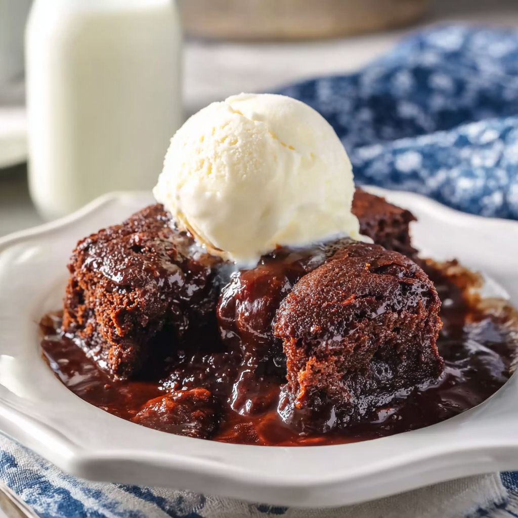 Chocolate cake with ice cream on top.