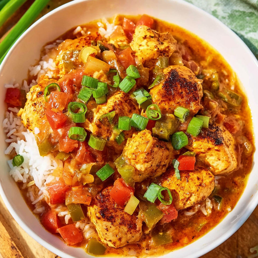 A bowl of chicken étouffée with rice and tomatoes.