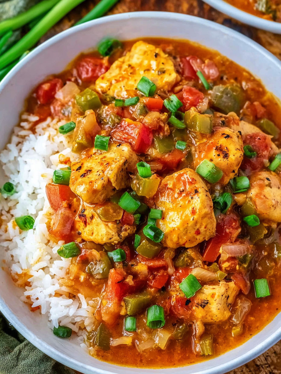 A bowl of chicken étouffée with rice and green onions.