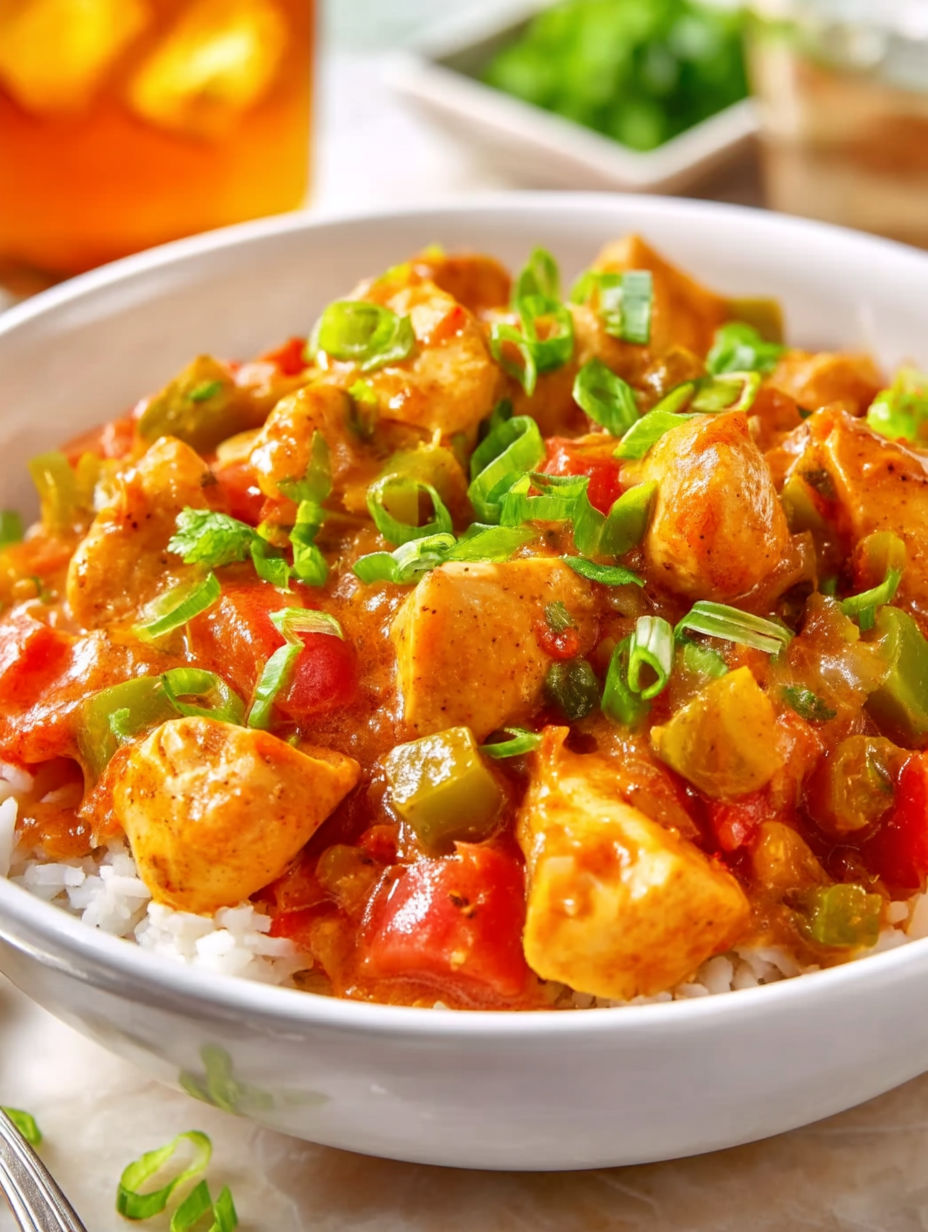 A bowl of chicken étouffée with rice.