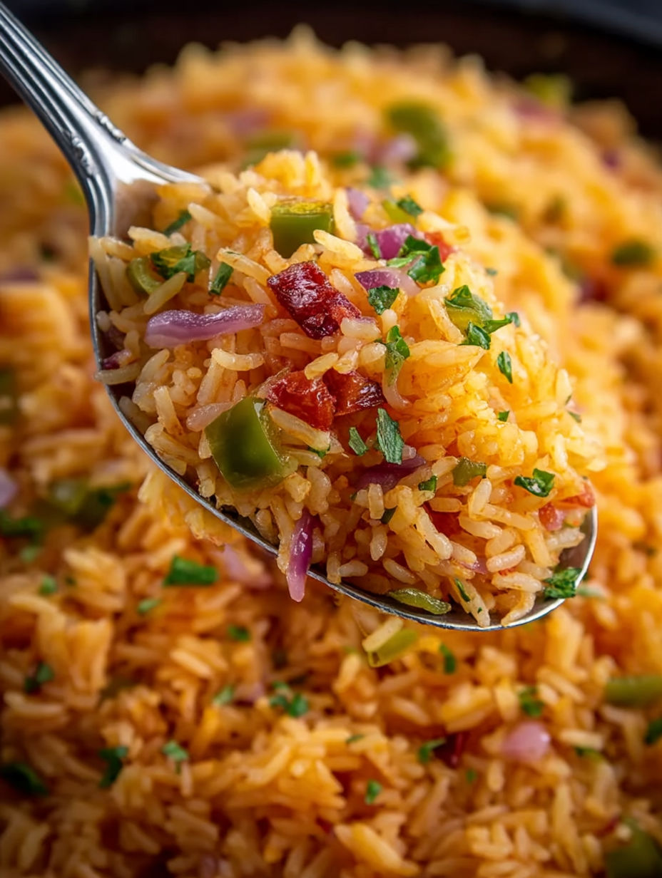 A spoonful of rice with green onions and red peppers.