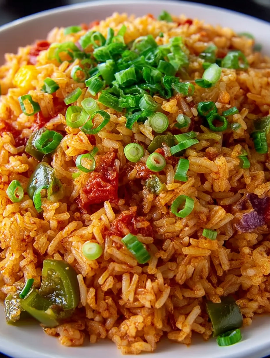 A plate of rice with green onions on top.
