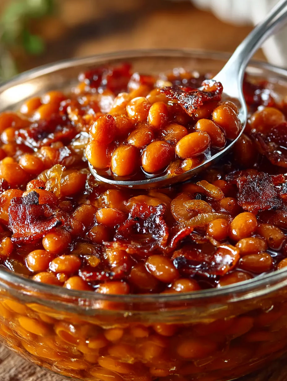 A spoon is in a bowl of baked beans.