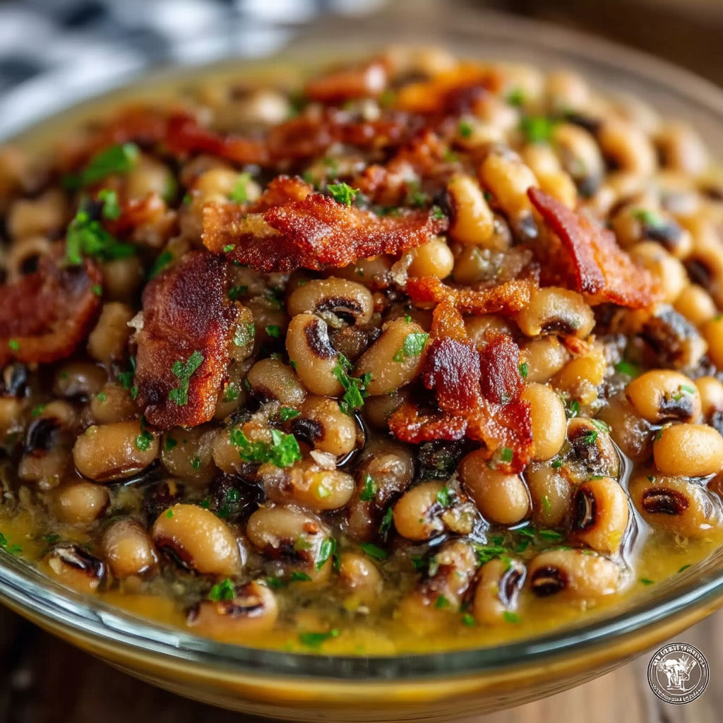 A bowl of black eyed peas with bacon.