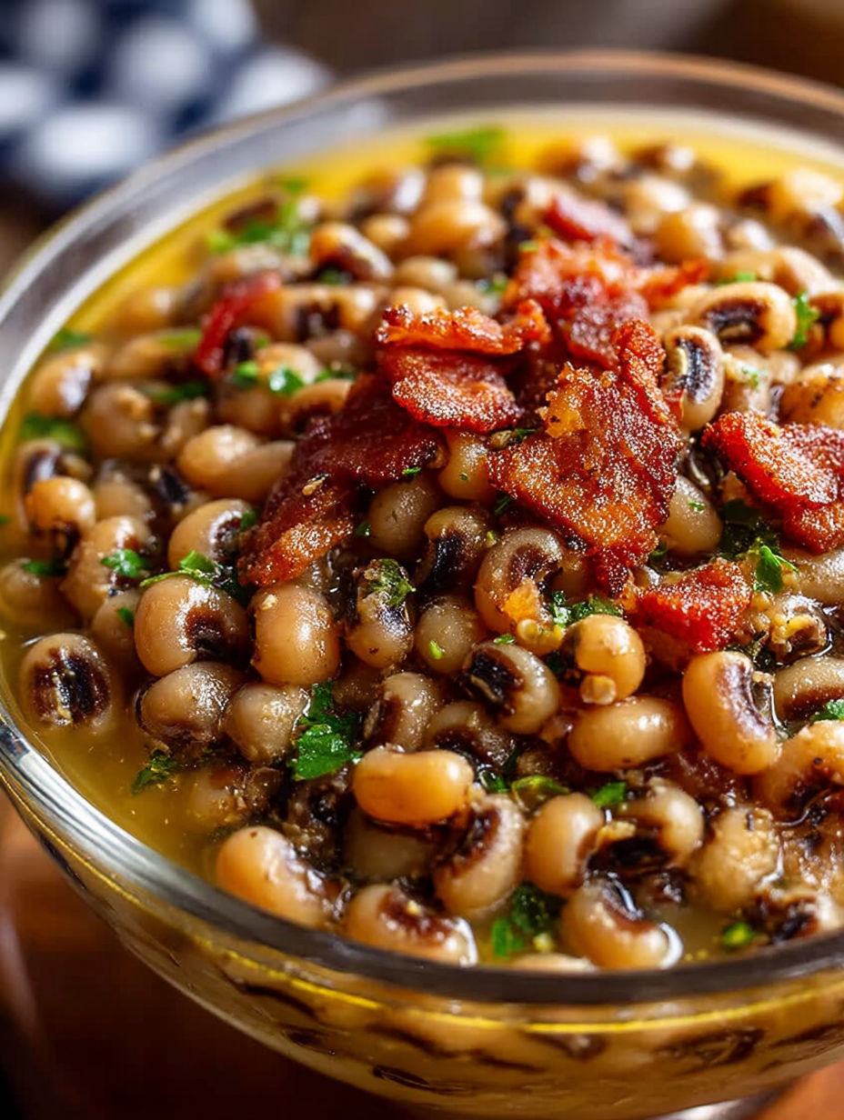 A bowl of black eyed peas with bacon.