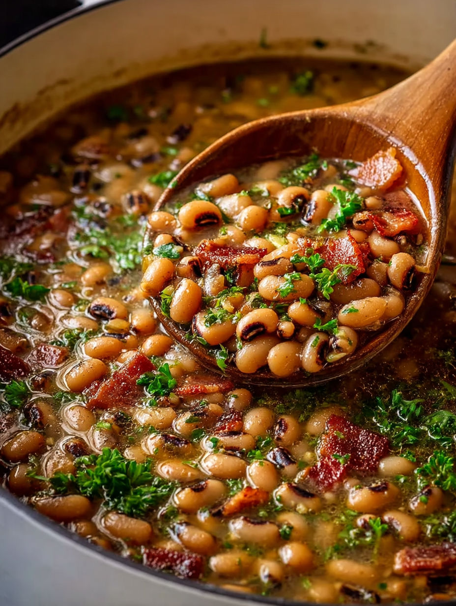 A wooden spoon in a pot of black eyed peas.