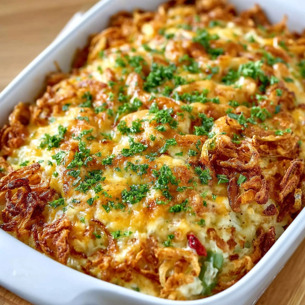 A white bowl filled with a potato and green bean casserole.