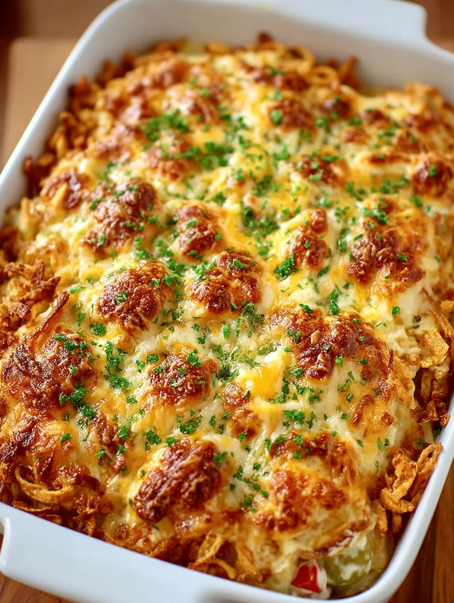 A casserole dish filled with potatoes, green beans, and cheese.