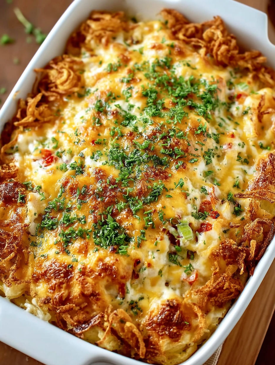 A potato green bean casserole with a lot of cheese.
