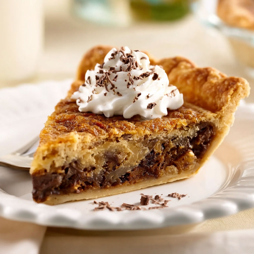 A slice of Kentucky Derby pie with whipped cream on top.
