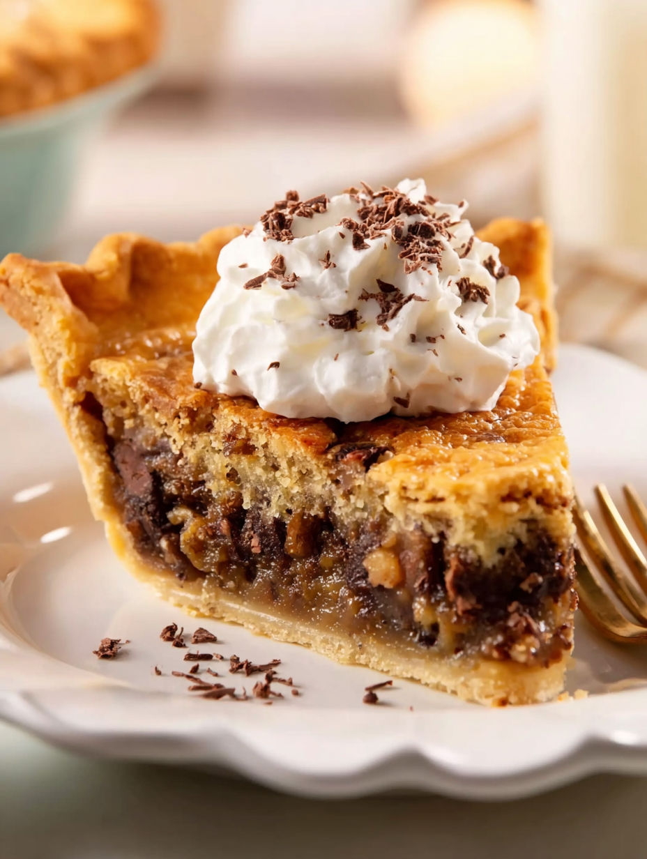 A slice of Kentucky Derby pie with whipped cream on top.