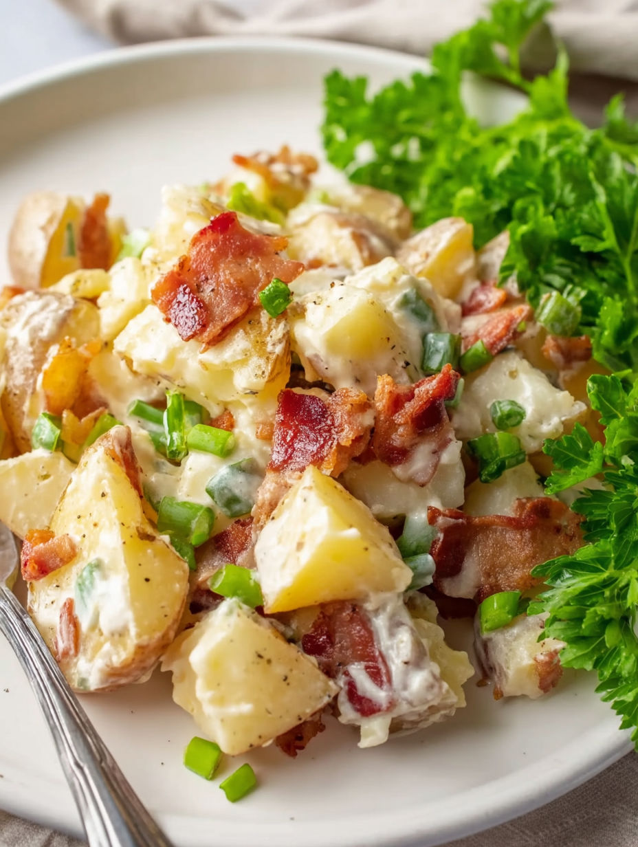 A plate of bacon and potatoes.