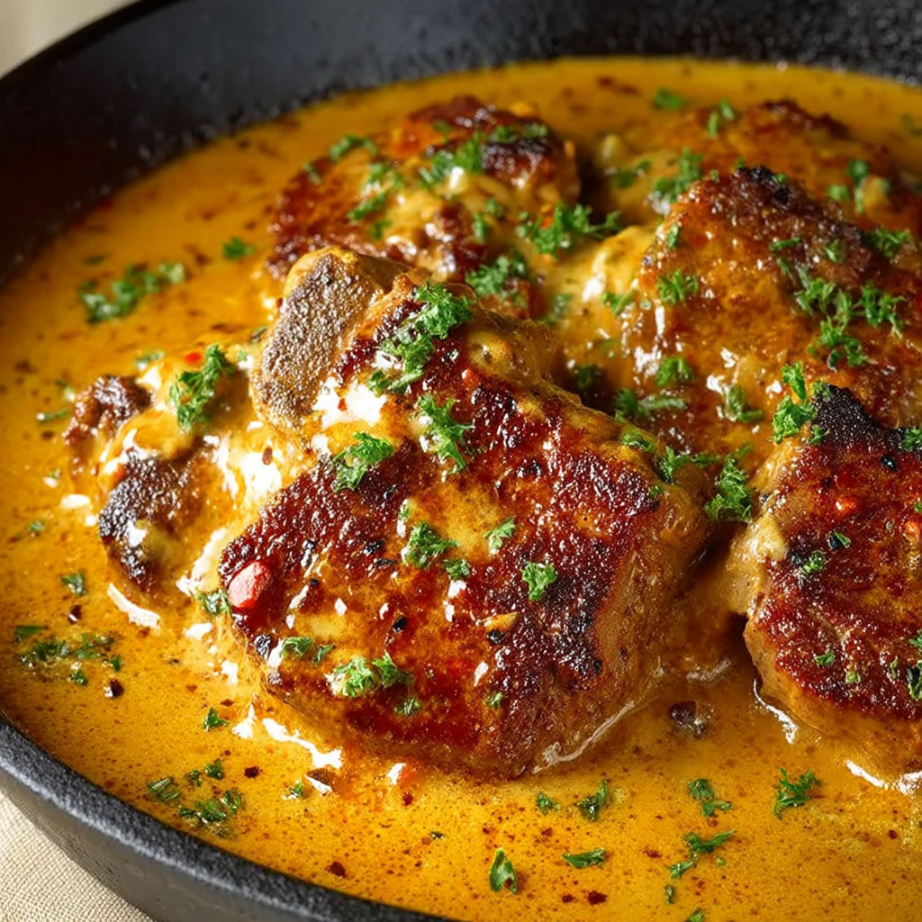 A dish of smothered pork chops.