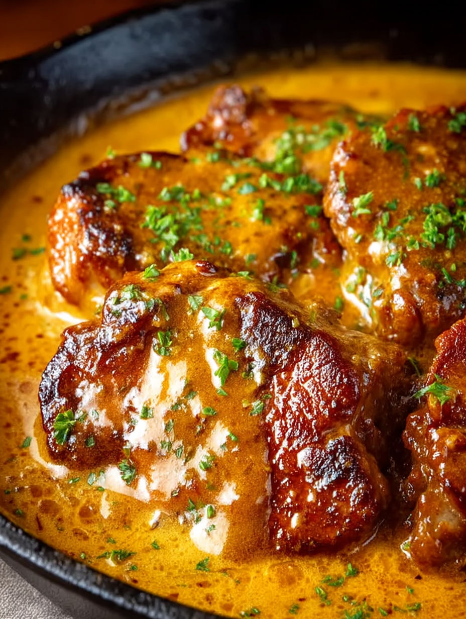 A dish of smothered pork chops.
