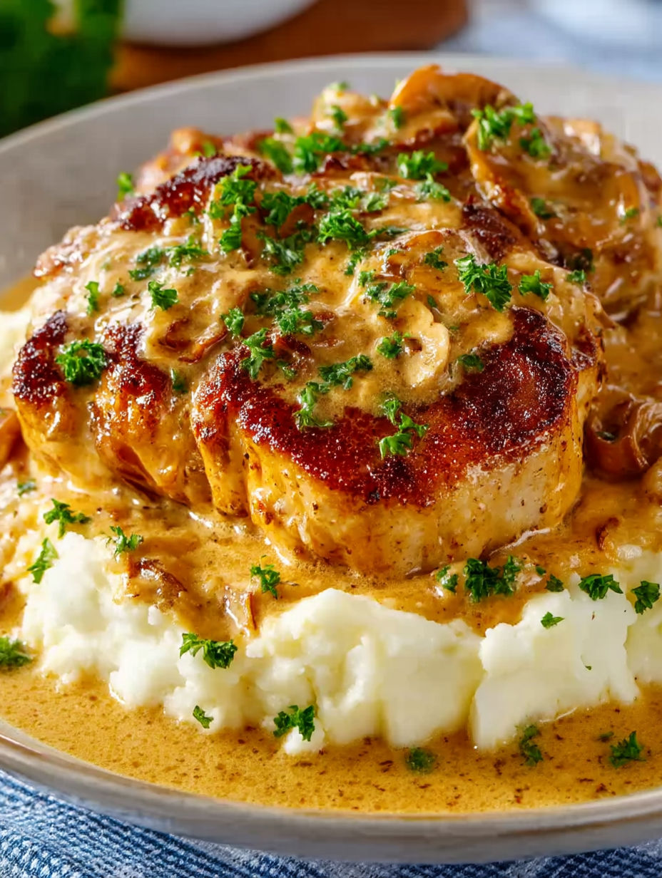 A plate of smothered pork chops.
