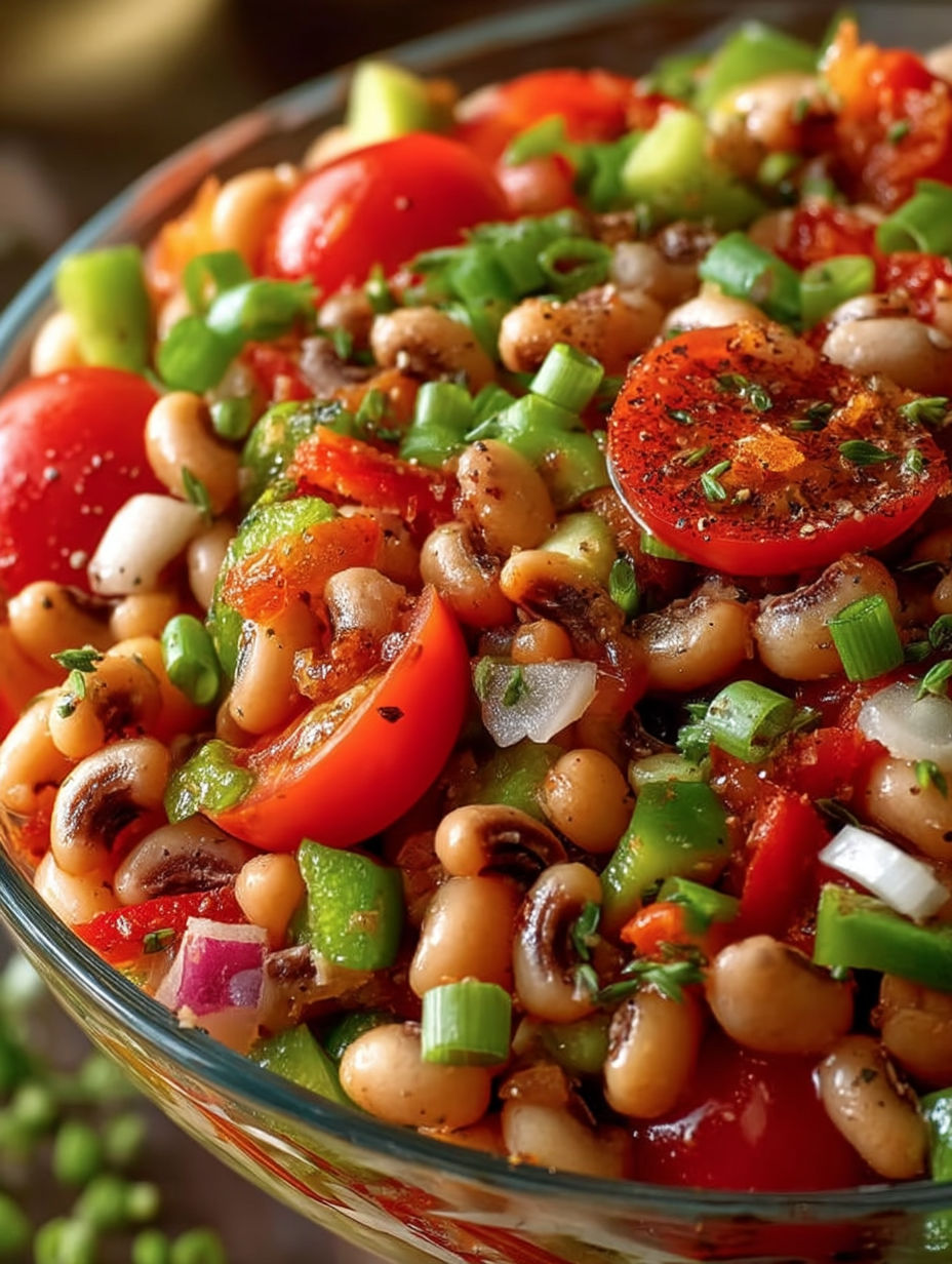 A bowl of black eyed pea salad.