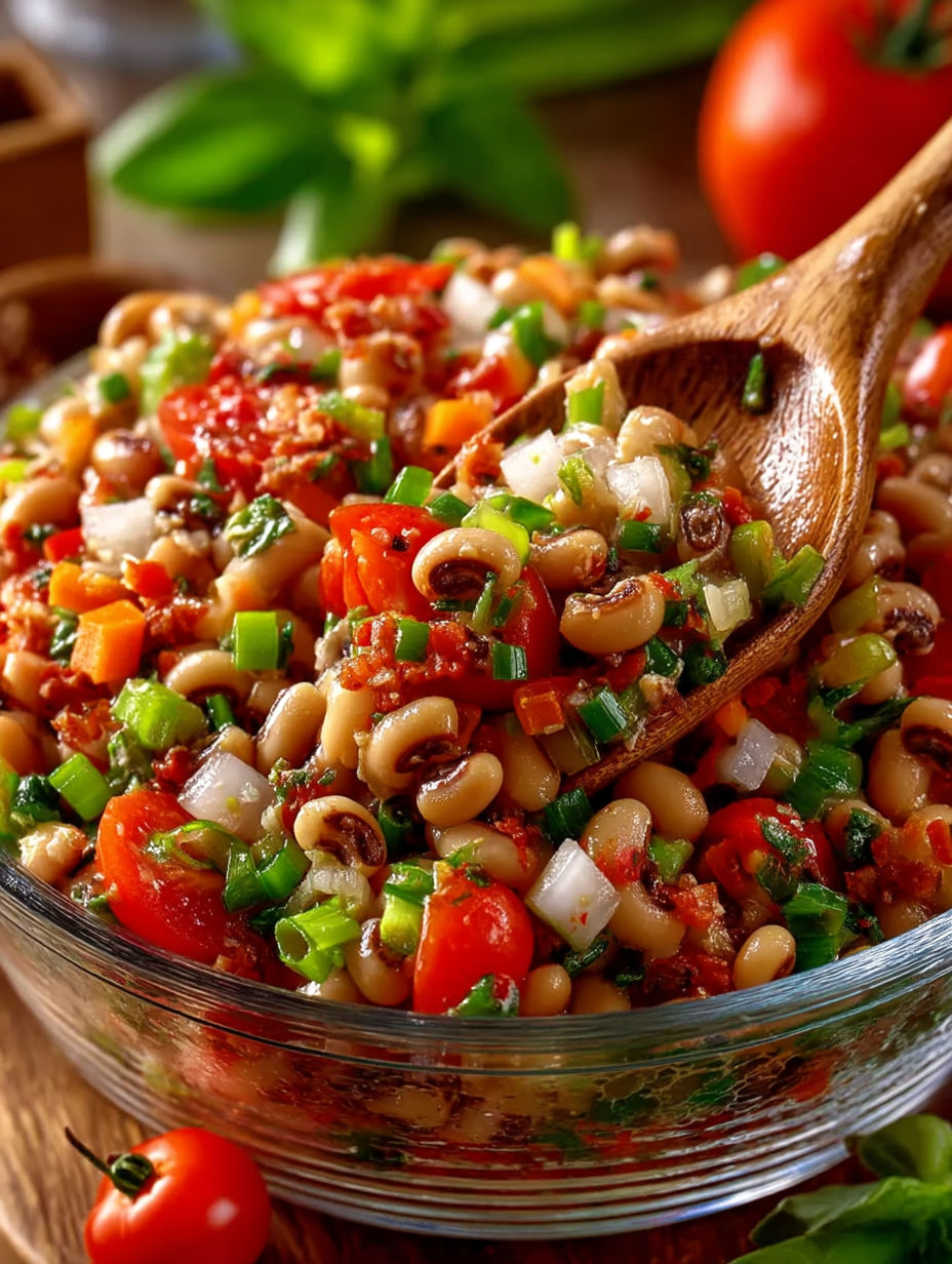 A wooden spoon is in a bowl of black eyed pea salad.