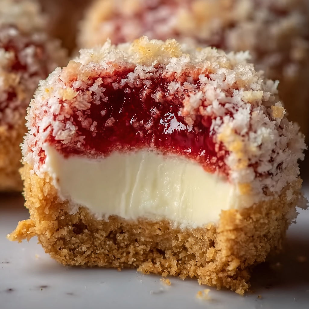 A close up of a strawberry crunch cheesecake bite.