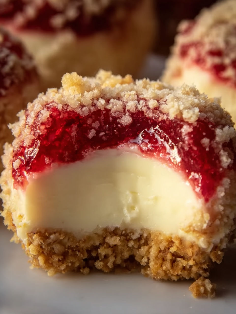 A close up of a strawberry crunch cheesecake bite.