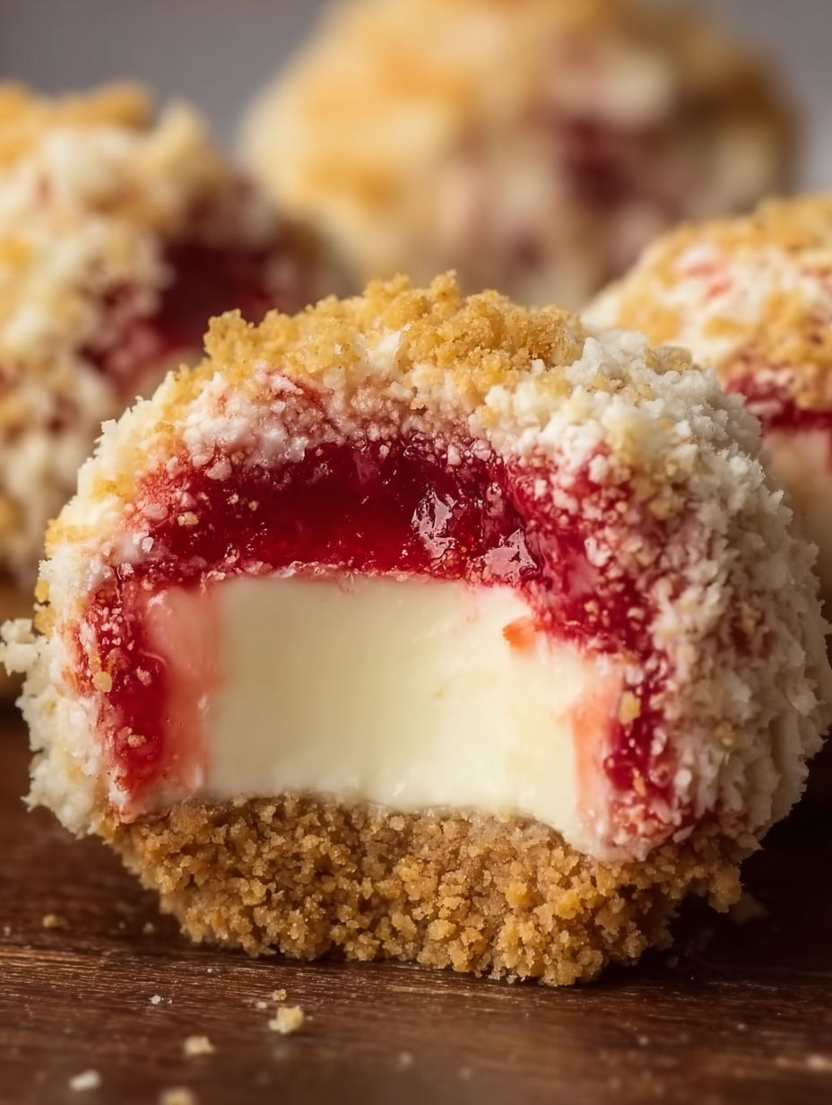 A close up of a strawberry crunch cheesecake bite.