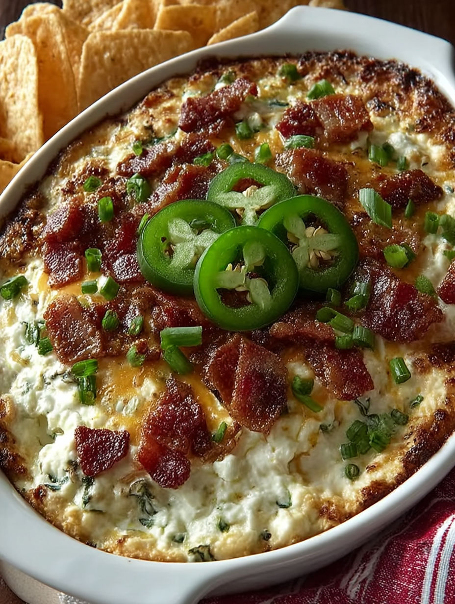 A creamy pizza dip with bacon and jalapenos.