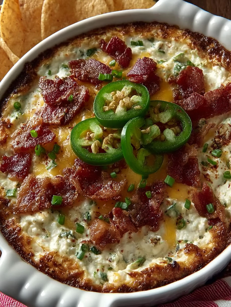 A creamy pizza dip with bacon and jalapenos.