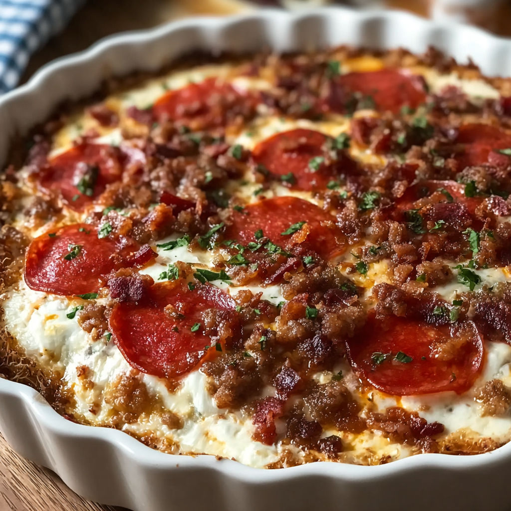 A creamy pizza dip in a white bowl.