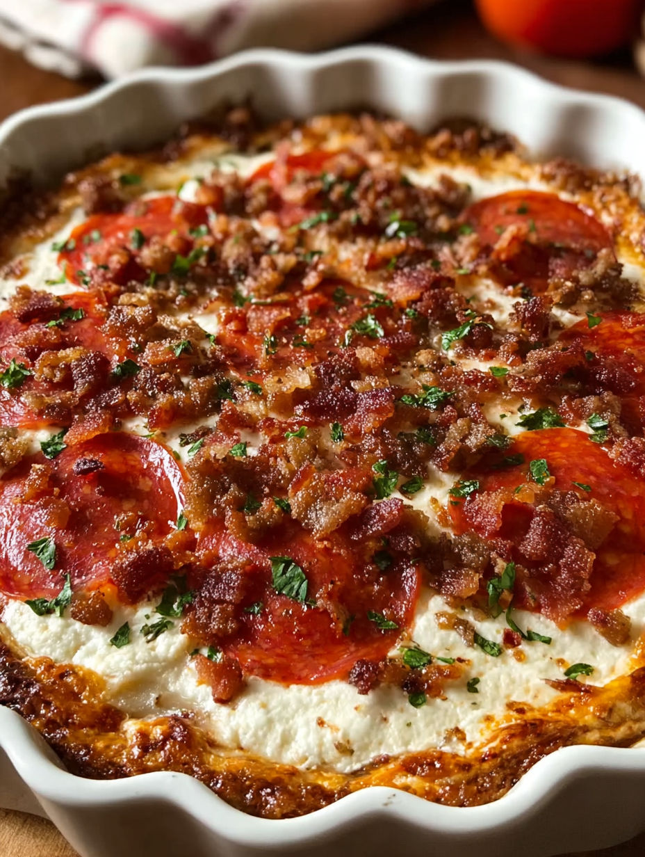 A creamy pizza dip with bacon and tomatoes.