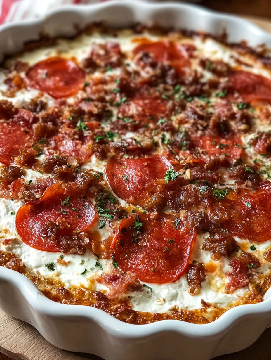 A creamy pizza dip with pepperoni and cheese.