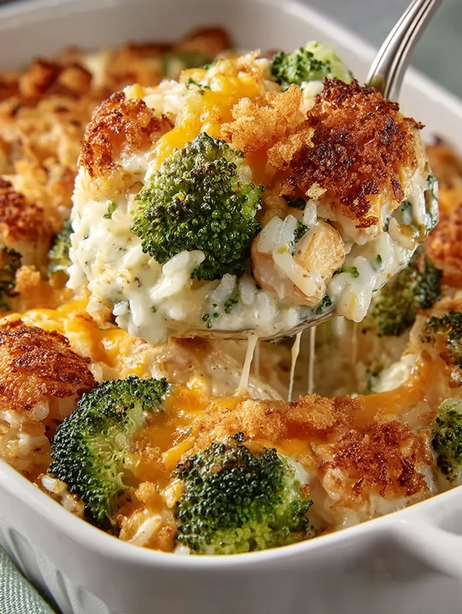 A close up of a cheesy chicken broccoli rice casserole.