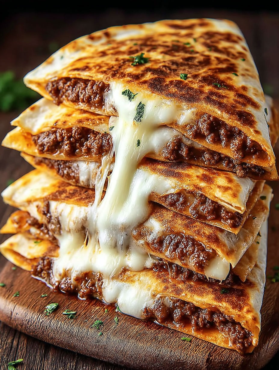 A stack of quesadillas with cheese and meat.