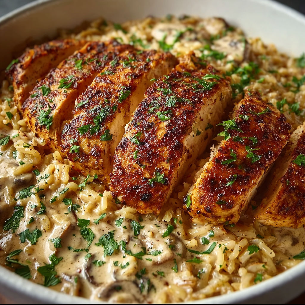 A bowl of creamy cajun chicken with rice.