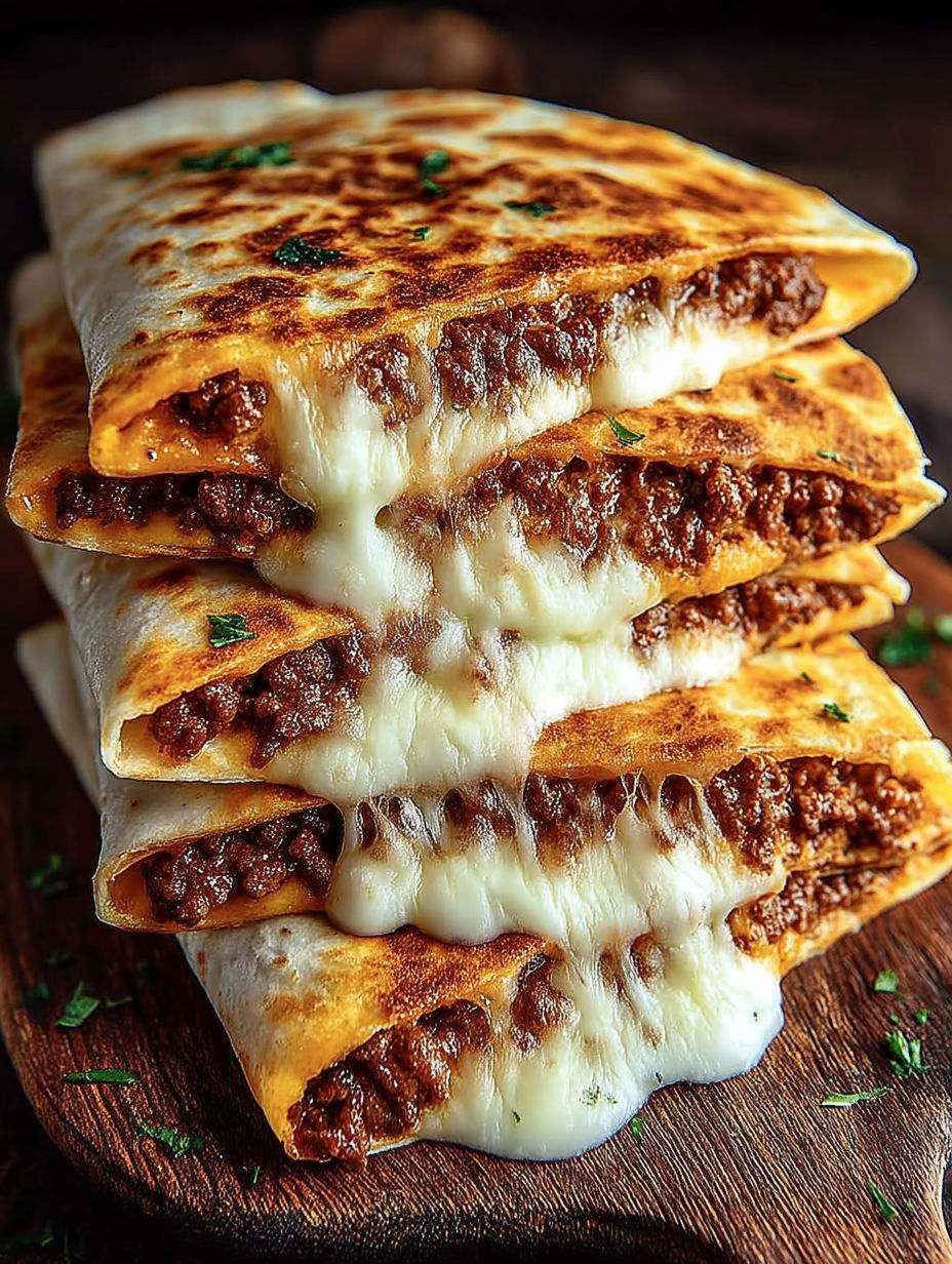 A stack of quesadillas with cheese and meat.