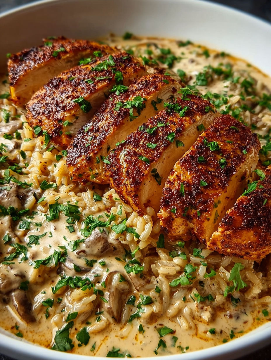 A dish of chicken with rice and mushrooms.