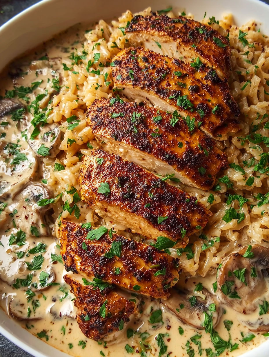 A close up of a piece of chicken in a creamy sauce.